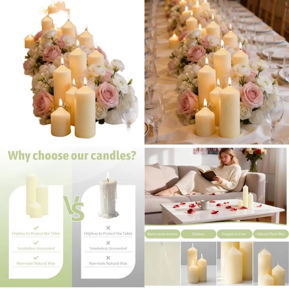 Set of 72 Column Candles: 2x3, 2x4, 2x6 Inches - 24 of Every Size for a Clean Combustion, Wedding Decorations, Domestic Atmosphere and Church