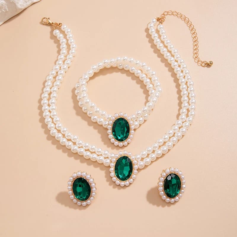 Multilayer Imitation Pearl Chain Necklace Bracelet For Women Wedding Bridal Stud Earrings Jewelry Set Accessories