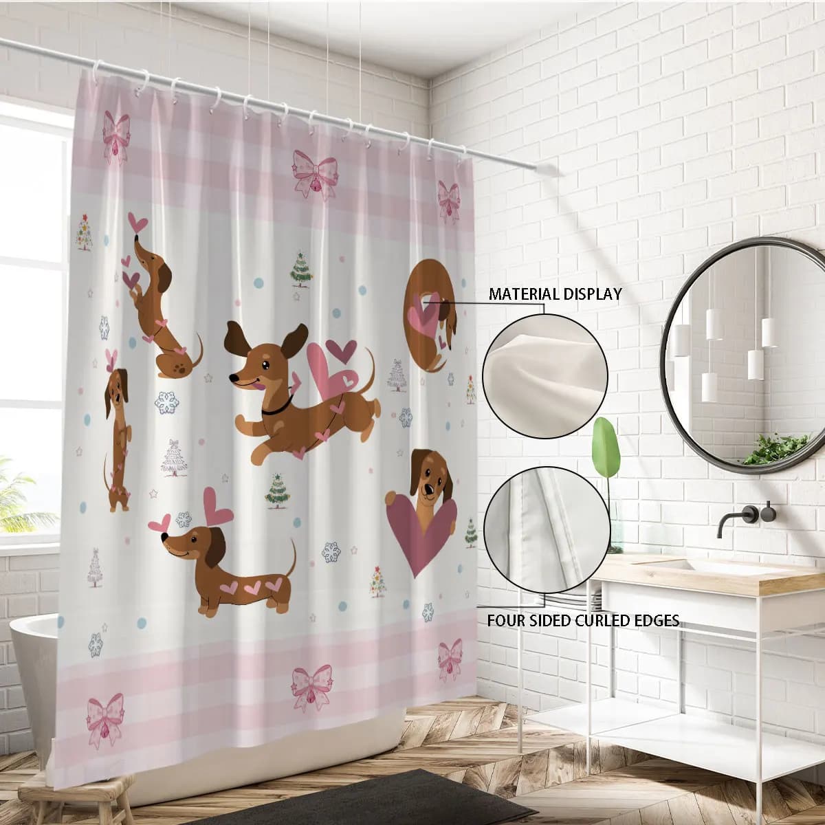 1pc San Valentino Rosa Salsiccia Cane Fiocco Stampa Tenda da doccia impermeabile Divisorio Privacy Tenda sospesa con 12 ganci