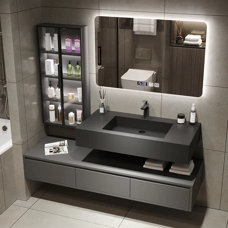 Mobili da bagno di lusso leggeri con armadietto laterale Lavabo in ceramica con lastra di roccia Mobiletto da bagno con lavabo Mobili da bagno