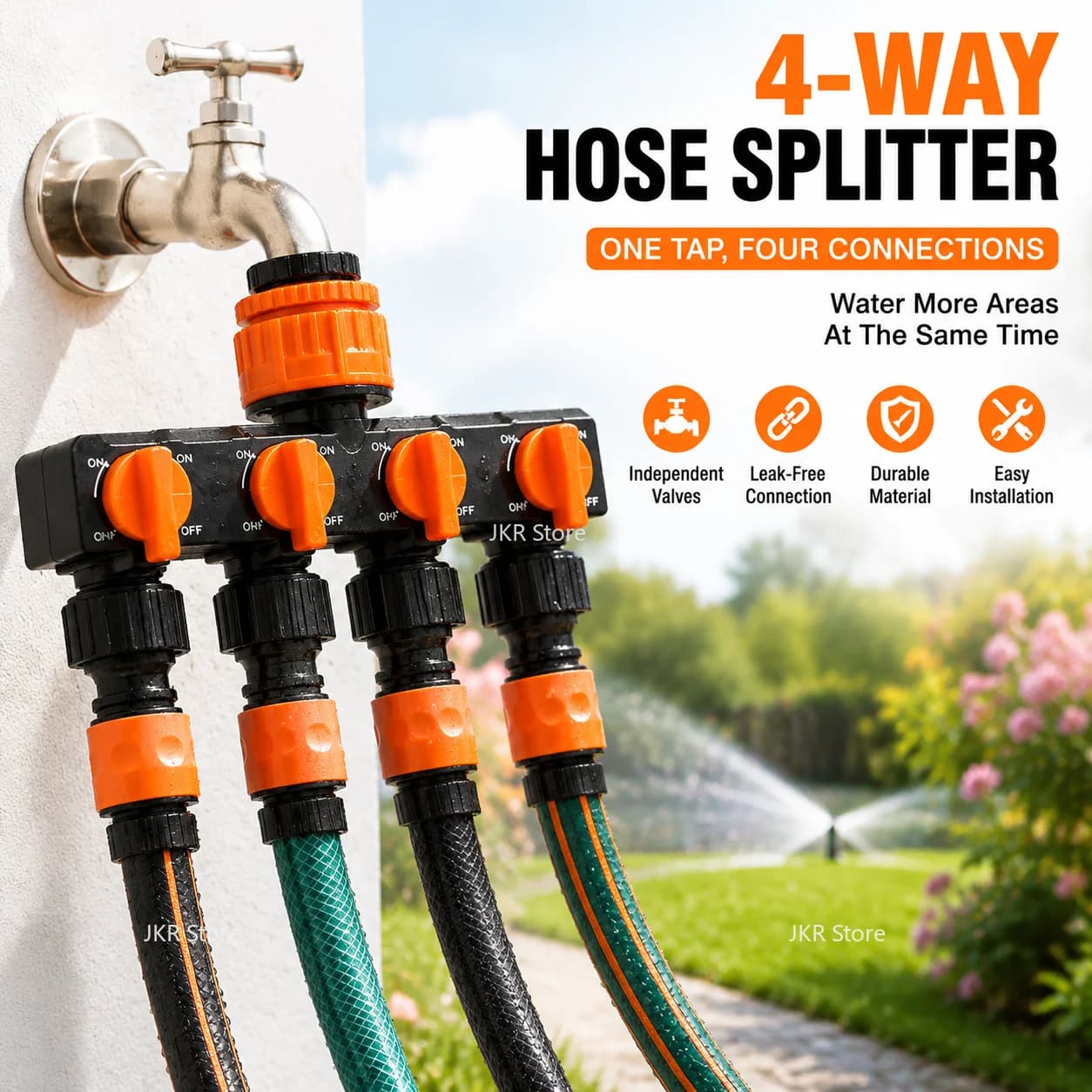 Connettore a 4 vie per rubinetto da giardino con valvole interne individuali per irrigazione di prati e piante, uso esterno