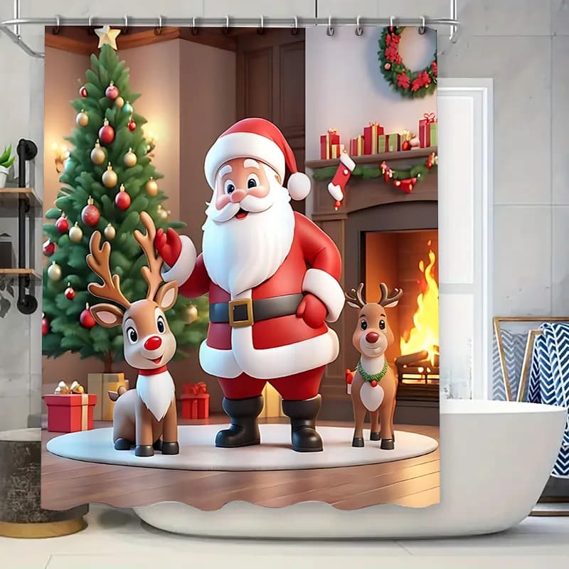 Tenda da doccia impermeabile a tema renna di Babbo Natale Stampa di cartoni animati per la decorazione della stalla della doccia del bagno Impermeabile durevole