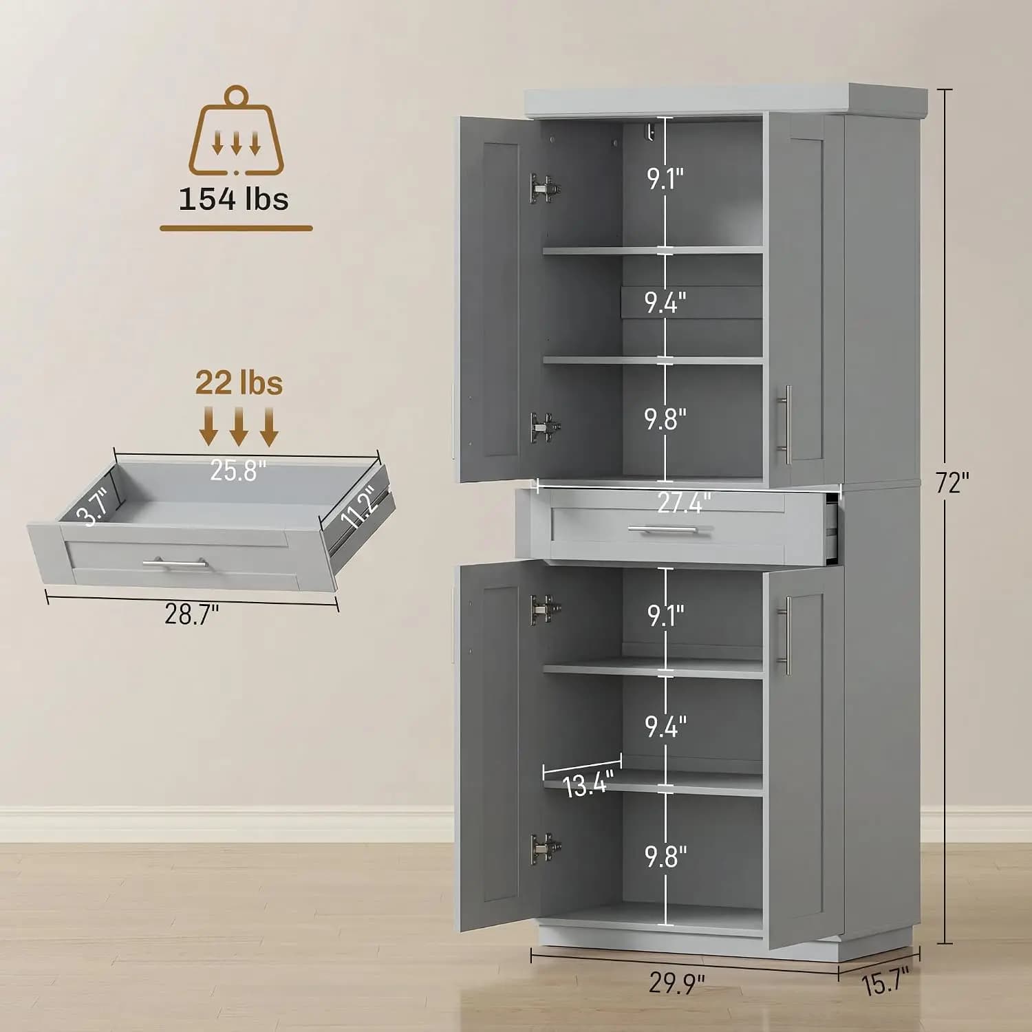 Gray Freestanding Tall Kitchen Pantry Storage Cupboard with 4 Doors Single Drawer & 3 Adjustable Inner Shelves Multi-Room Organizer
