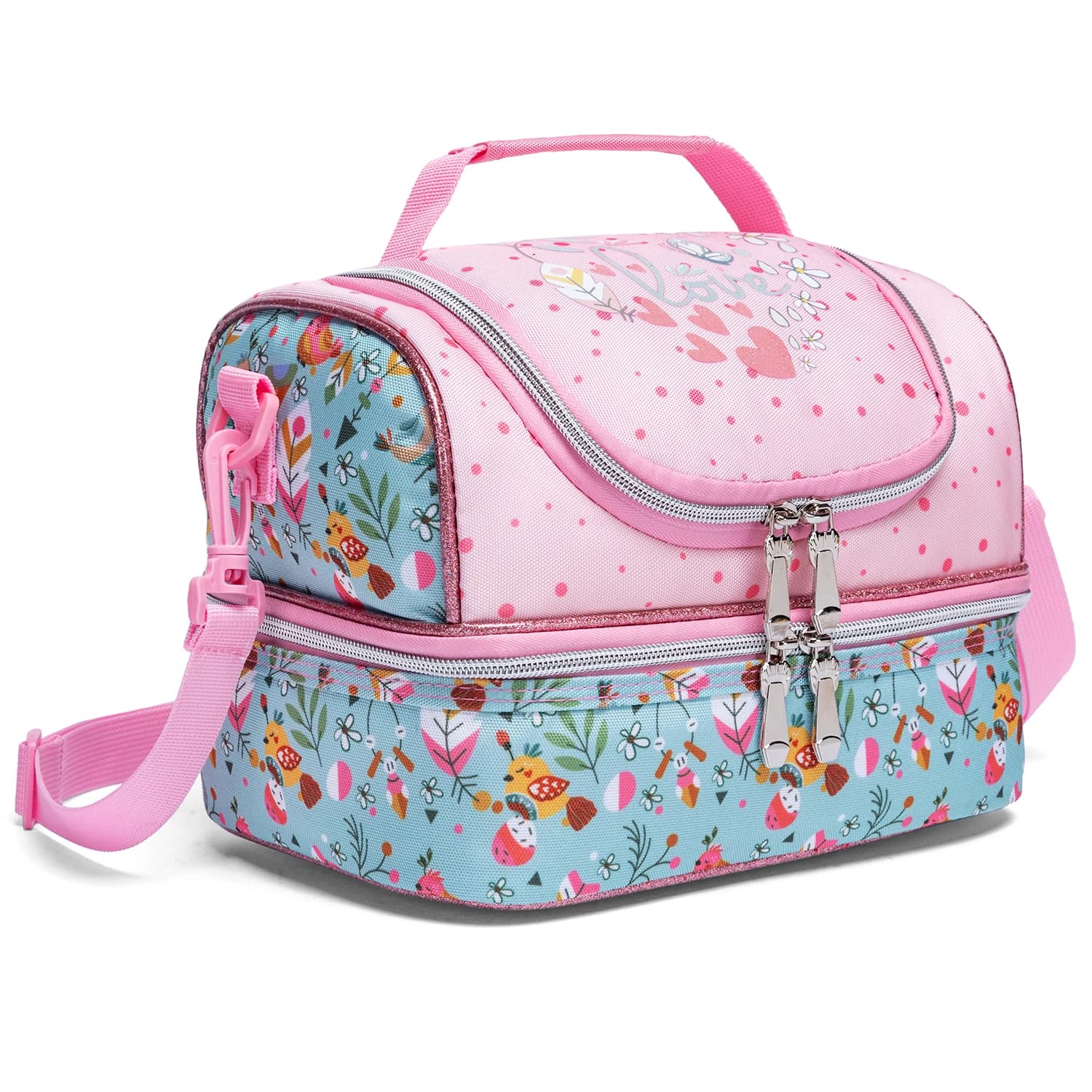 Reusable lunch bag for girls, washable, with adjustable shoulder strap, cute design, essential for school, with side pocket for water bottle