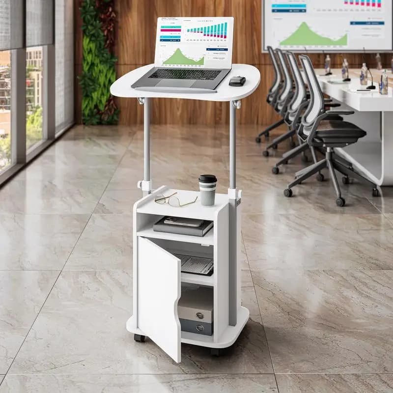 Carrello per laptop con rotelle regolabile con archiviazione, design sit-to-stand, finitura bianca