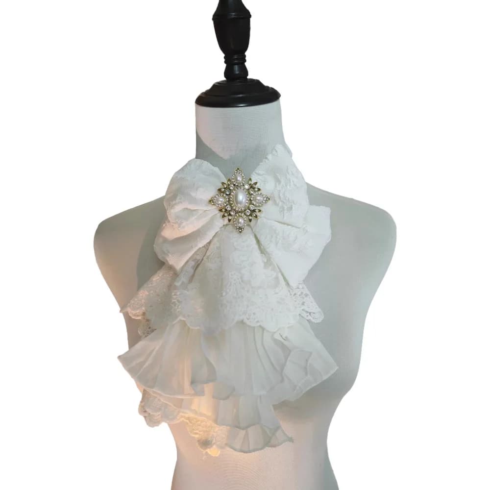 White dark-striped rose fluffy scarf large bib-style handkerchief bow with European retro multi-layered lace Lolita pleated desi