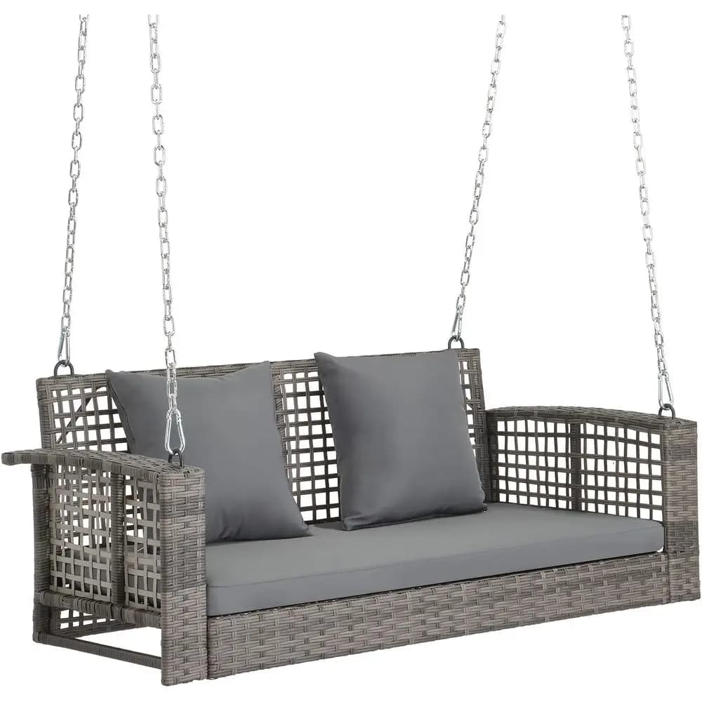 2 Person Wicker Outdoor Porch Swing with Cushions, Pillows, and Chains,800lbs for Garden and Backyard