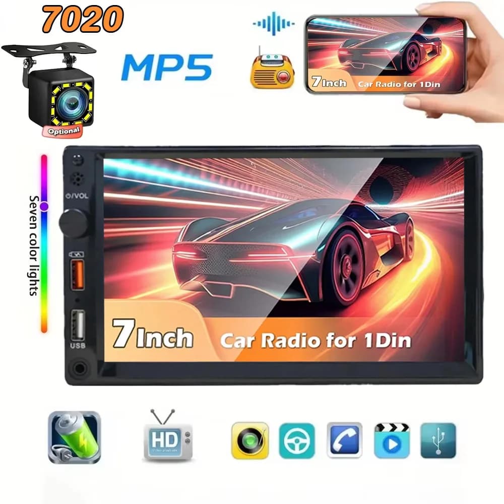 Autoradio 7" HD Doppio DIN con Lettore MP5, Mirror Link, USB/AUX, Radio FM, Controlli al Volante, Telecamera Posteriore
