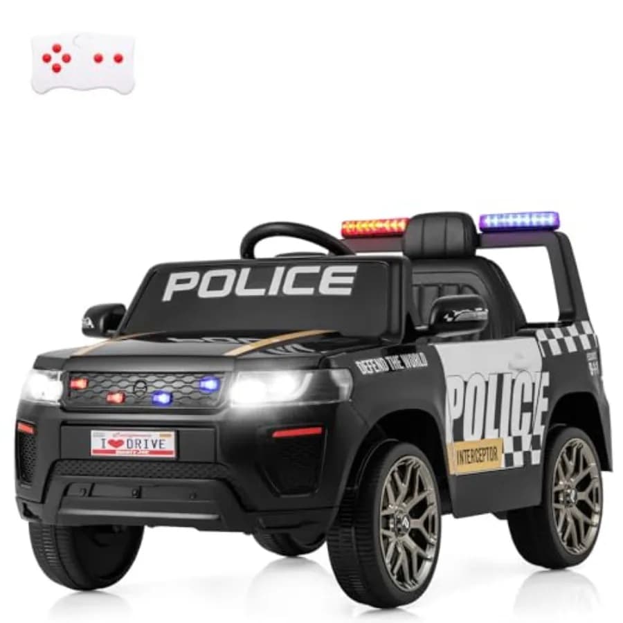 Auto della Polizia Giocattolo a Batteria 12V con Telecomando, Luci LED Lampeggianti, Musica, Clacson, Sirena e Sospensioni a Molla, Veicolo Elettrico per Bambini