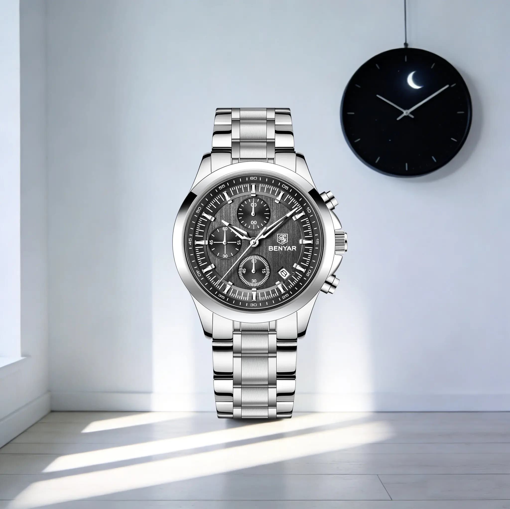 Orologio al Quarzo BENYAR di Lusso per Uomo, Elegante e Sobrio, in Acciaio Inossidabile, con Vetro Hardlex, Luminoso, Calendario, Impermeabile 5 Bar, per Immersioni
