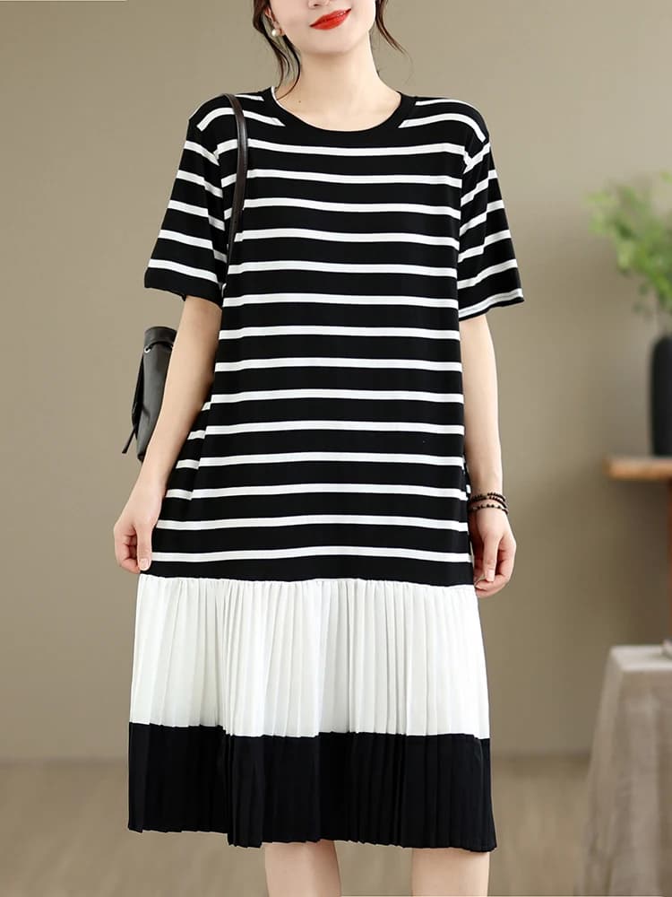 Summer Loose Maternity Slimming Print Pleated Midi Dress Short Sleeve round Neck A-Line Skirt Women's Casual Vintage Polyeste...