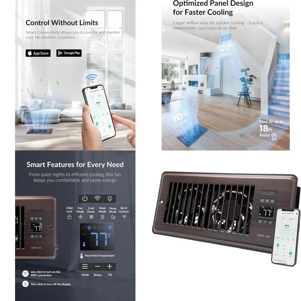 Ventilatore Silenzioso Intelligente 4x10 Pollici con Doppio Controllo della Temperatura e Gestione tramite App per Sistemi di Riscaldamento e Raffreddamento