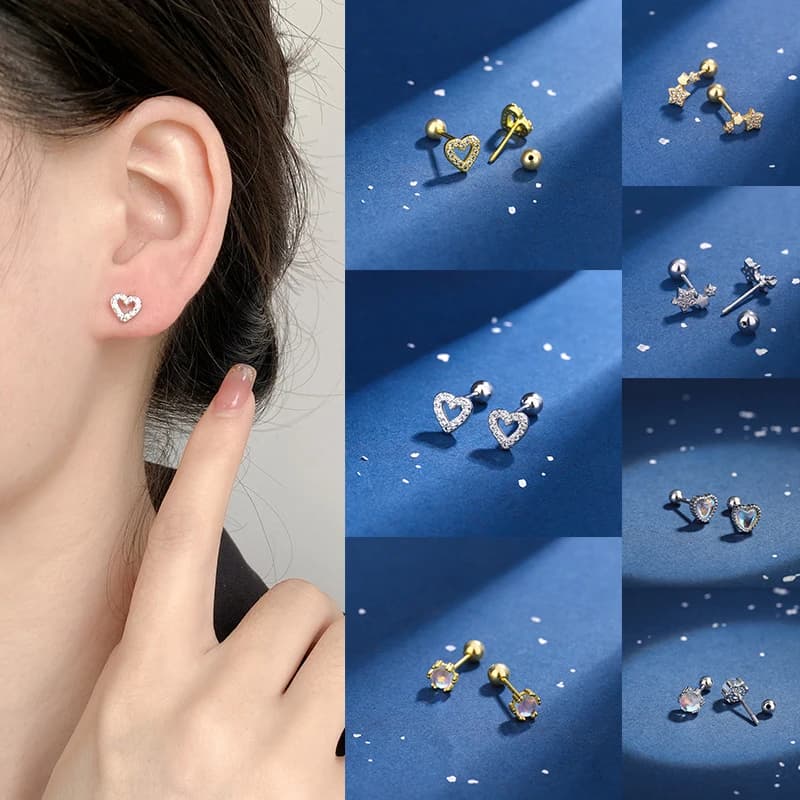 [HS] Nuovi Orecchini a Perno con Cristalli, Orecchini Helix in Acciaio Inossidabile, Gioielli da Donna e Ragazza Placcati Argento con Stelle e Cuori