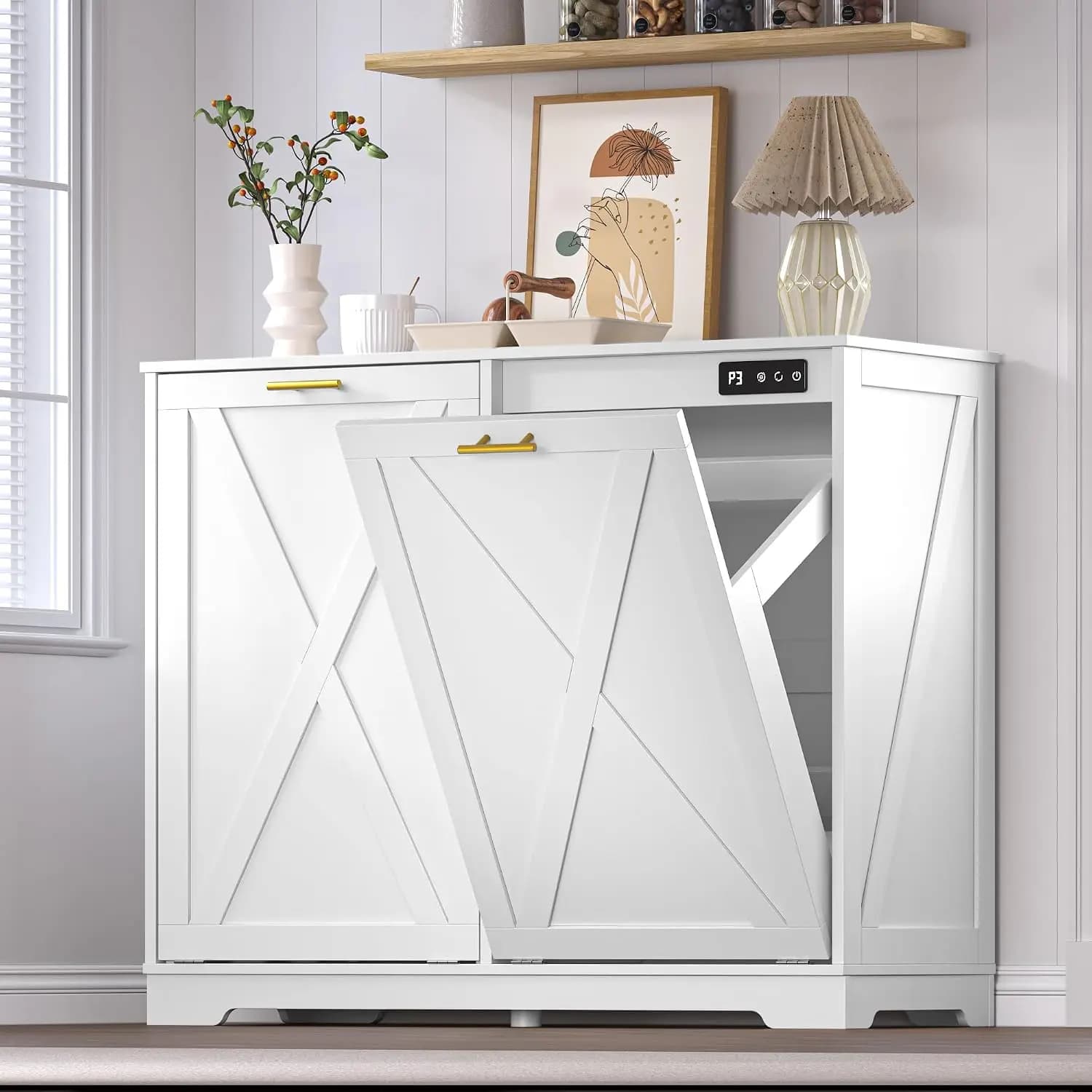 Tilt Out Trash Can Cabinet For 2 Bins Hidden Recycle Garbage Bin Enclosure Wooden Double Laundry Cabinet With Odor Control Feature Furniture Storage Unit For Kitchen Bathroom Laundry Room White
