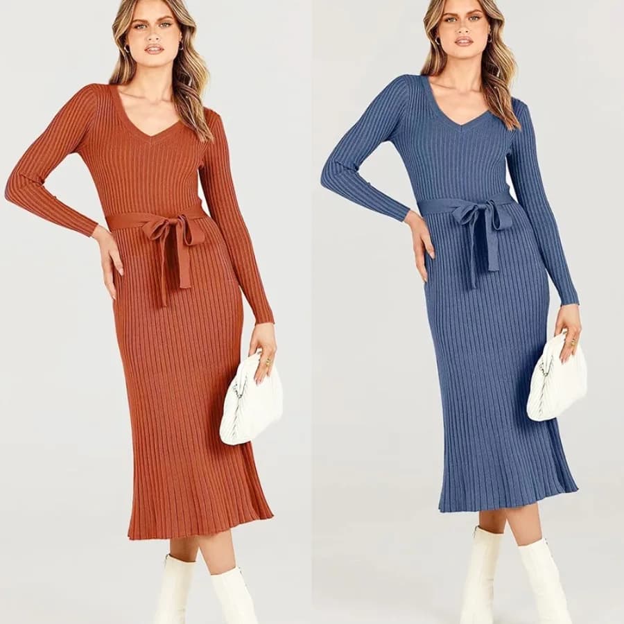 【Nuovo arrivo】Abito midi in maglia blu da donna, scollo a V, maniche lunghe, cintura e orlo svasato