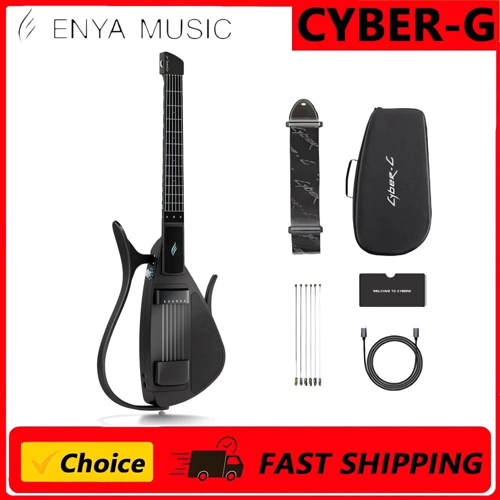 Enya CYBER-G Smart Guitar with Silicone Strings, 24 Built-in Tones, Travel Silent Guitar with Speaker and Drum System,App