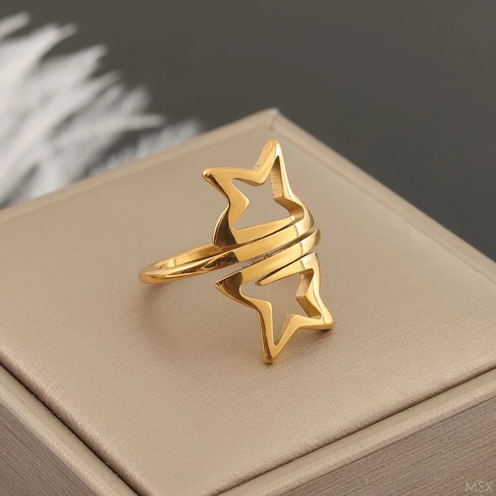 Double pentagram gold-plated stainless steel star ring, waterproof and non fading ring, Valentine's Day jewelry gift