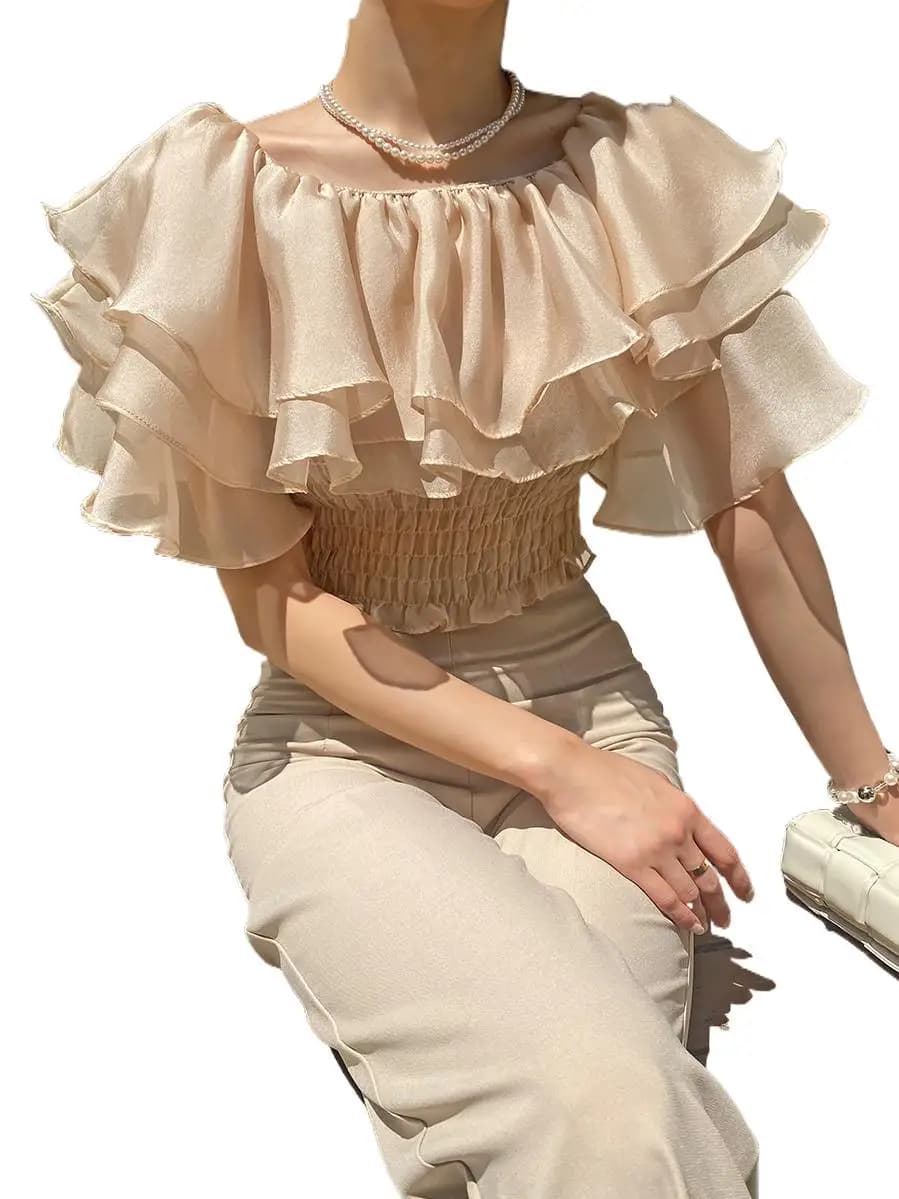 2026 Primavera/Estate Dolce e alla moda Lyocell Doppio strato Colletto di loto Top Camicia leggera in rayon Camicia elasticizzata con collo slash