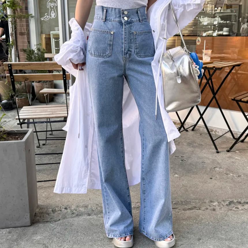 Retro Washed High Waist Loose Straight Casual Long Jeans Women's Small Pocket Denim Pants Trendy Ins Straight Leg Jeans