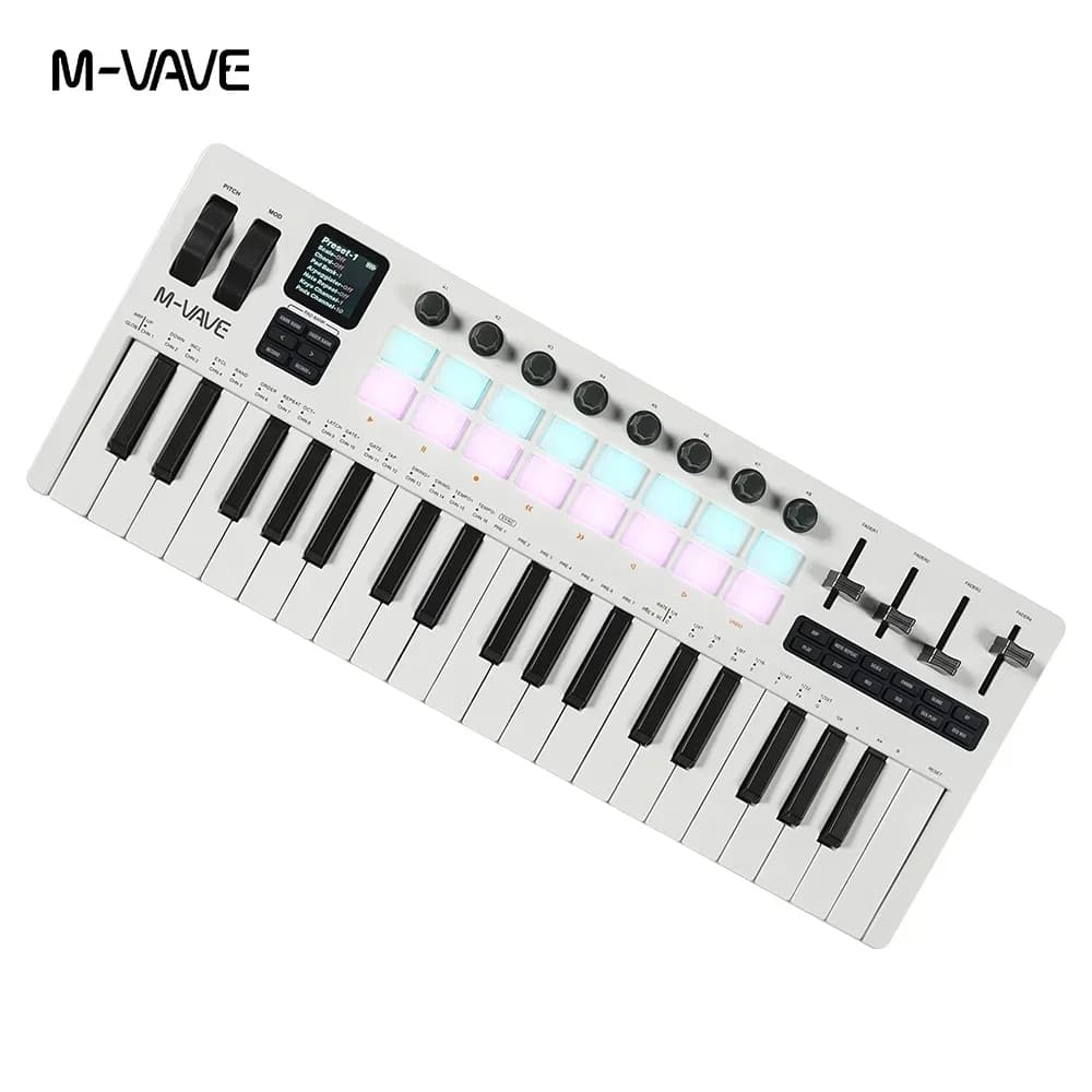 M-VAVE SMK-37 PRO White Bluetooth MIDI Keyboard, 37 Keys 16 RGB Drum Pads for Multiple Operating Systems