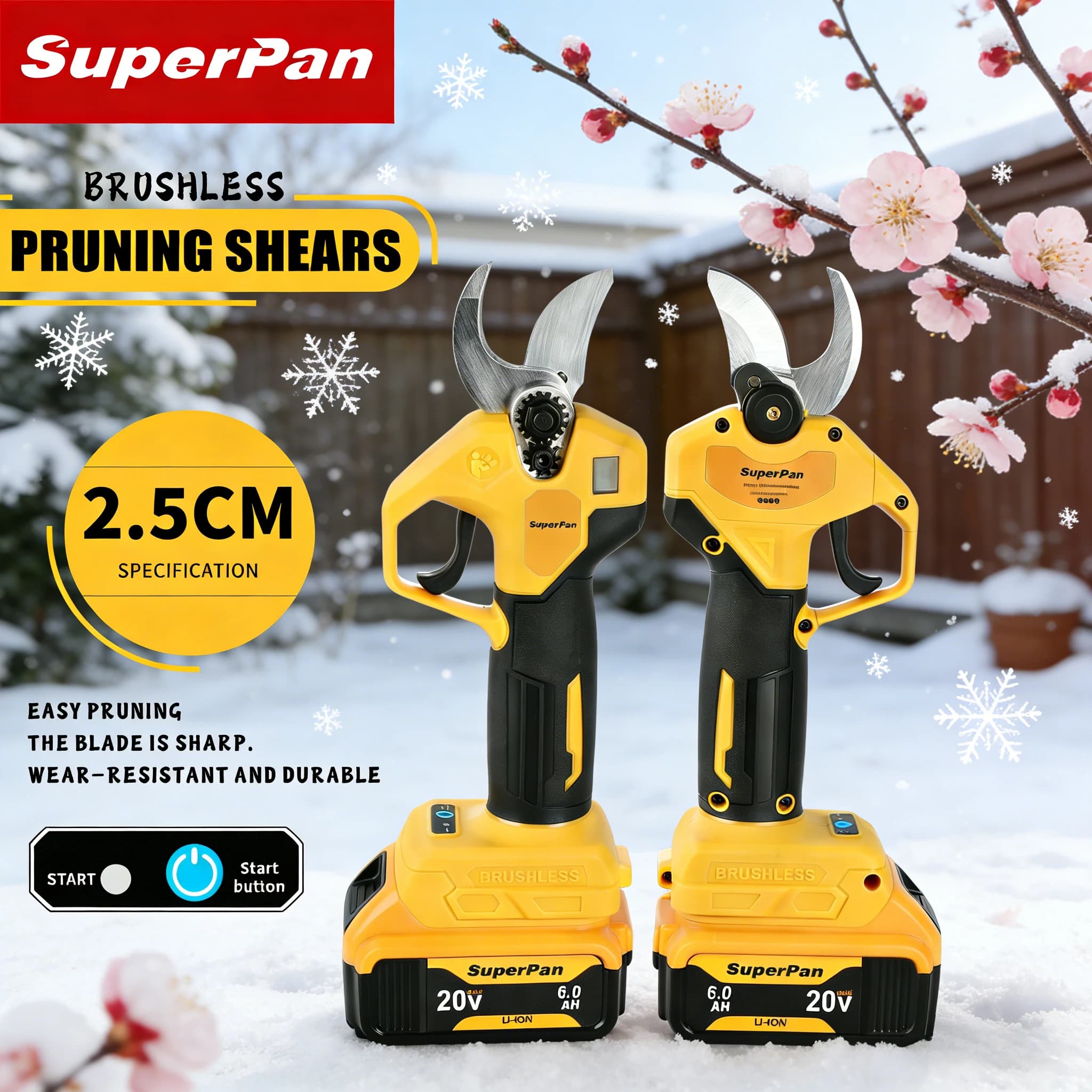 SuperPan 25mm pruning scissors for cutting branches, pruning garden, maintenance orchards, compatible with DeWalt 20V battery