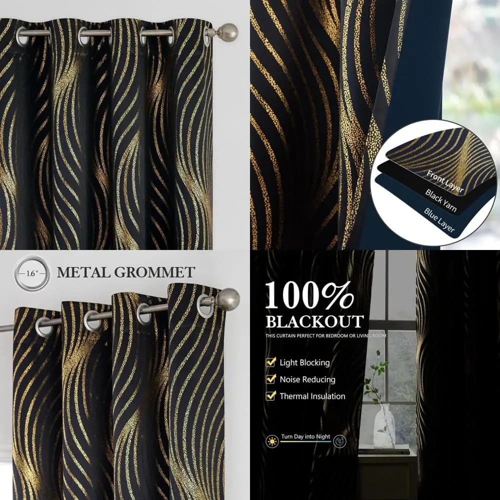 Dark Curtains with Golden Wave Pattern, Length 244 cm, Thermal Insulating Panels with Living Glasses