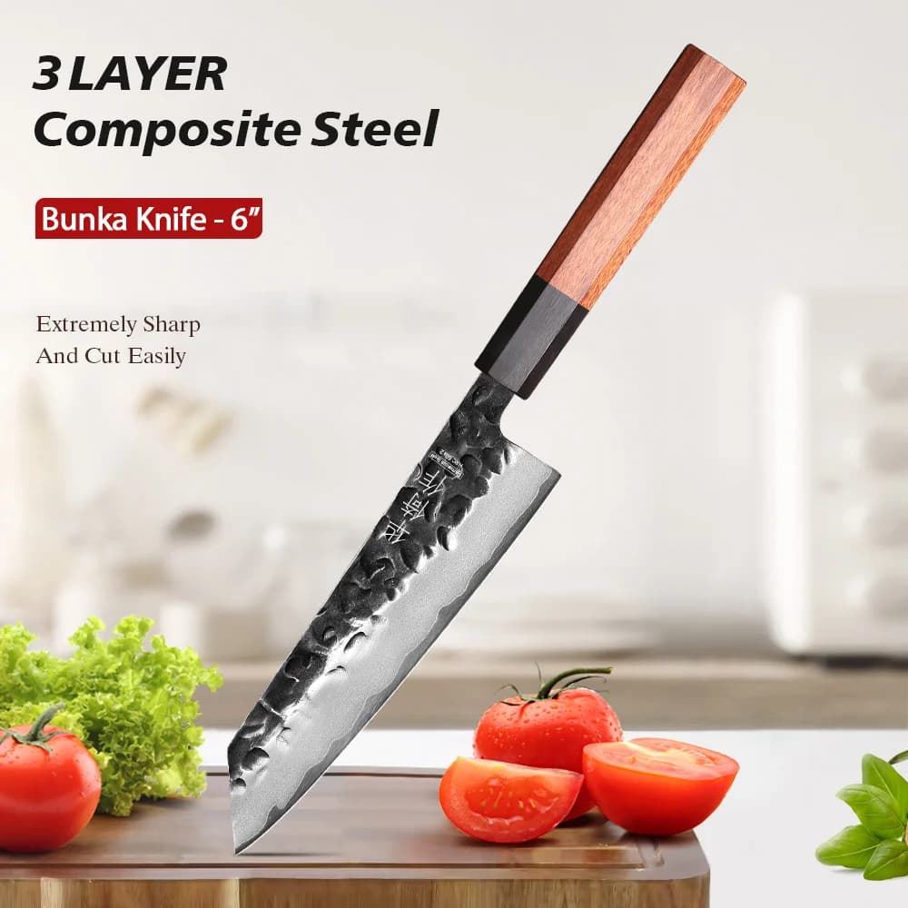Coltello Kiritsuke Bunka forgiato a mano giapponese da 6 pollici Coltello da chef professionale in acciaio composito a 3 strati Utensile da cucina con mannaia affilata