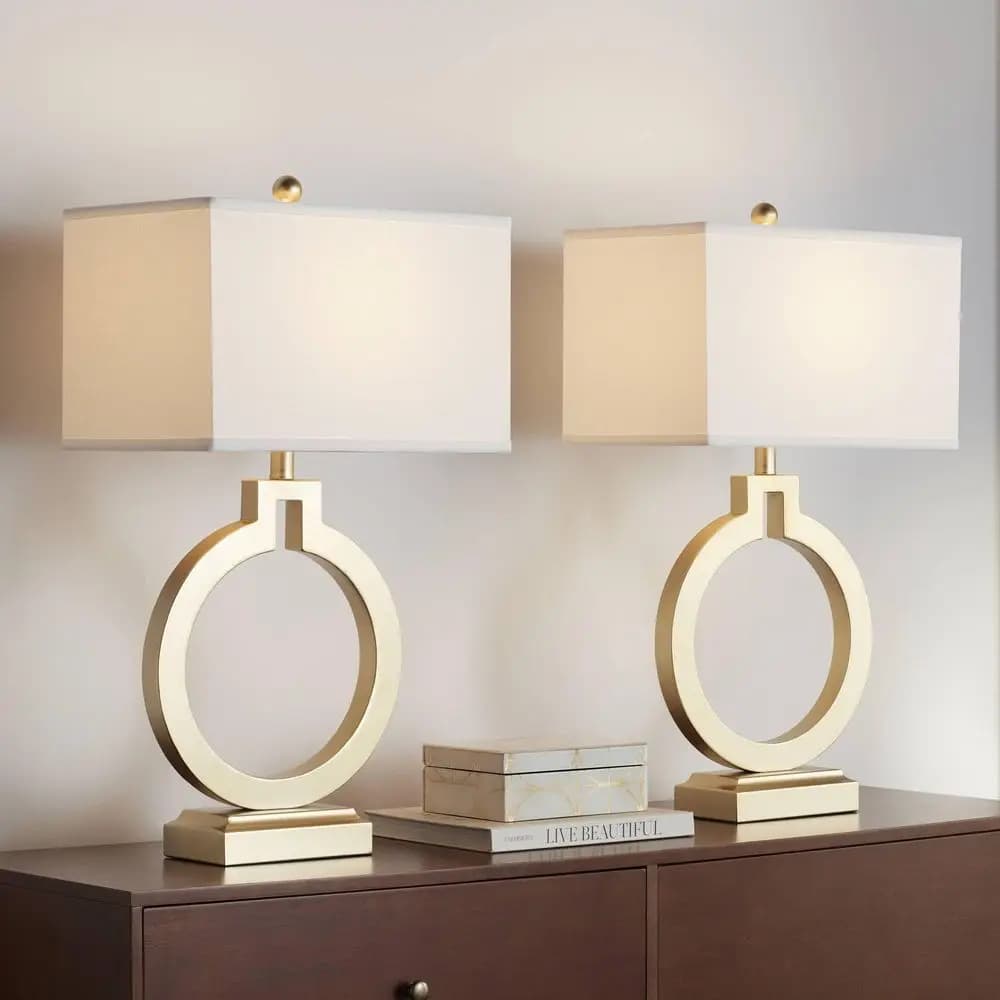 Lampade da Tavolo Moderne 28,1/2 Pollici di Altezza, Set da 2 con Porta USB, Finitura Oro Spazzolato, Anello Aperto, Paralume Rettangolare Bianco per Camera da Letto