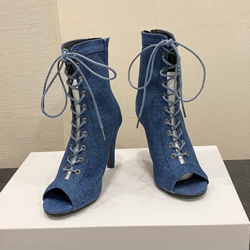 New Classic Blue Denim Fabric Cross-Strap Peep Toe Women Ankle Boots Summer Sexy Elegant High Heels Party Dress Pumps Sandals