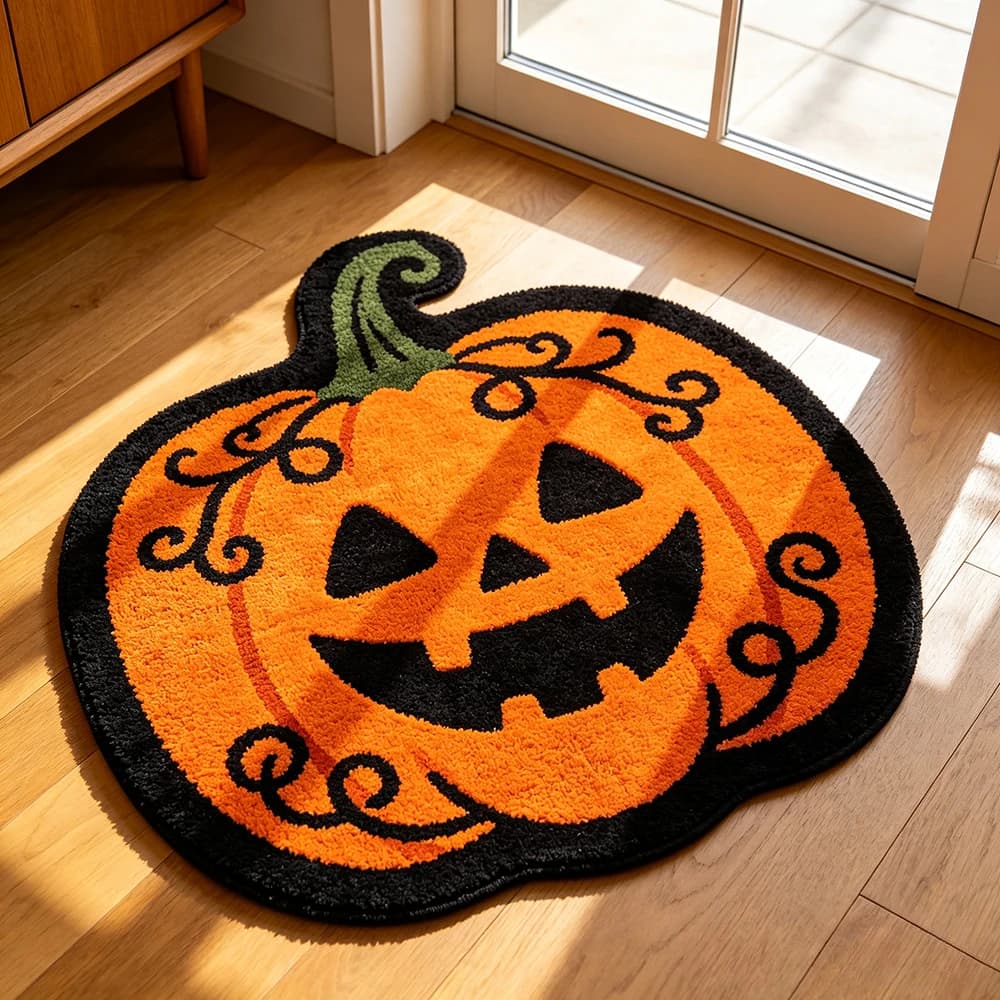 Halloween VIKAMA plush carpet, anti-slip mat with pumpkins, bats, spider webs and ghosts, for Halloween decorations and theme parties.