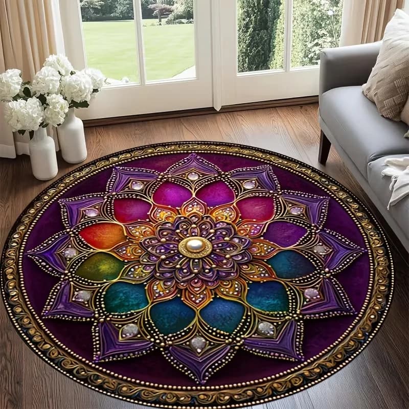 Luxury Purple Gold Mandala Round Rug Floor Mat Living Room Sofa Floor Mat Coffee Table Entryway Indoor Decor Circle Carpet