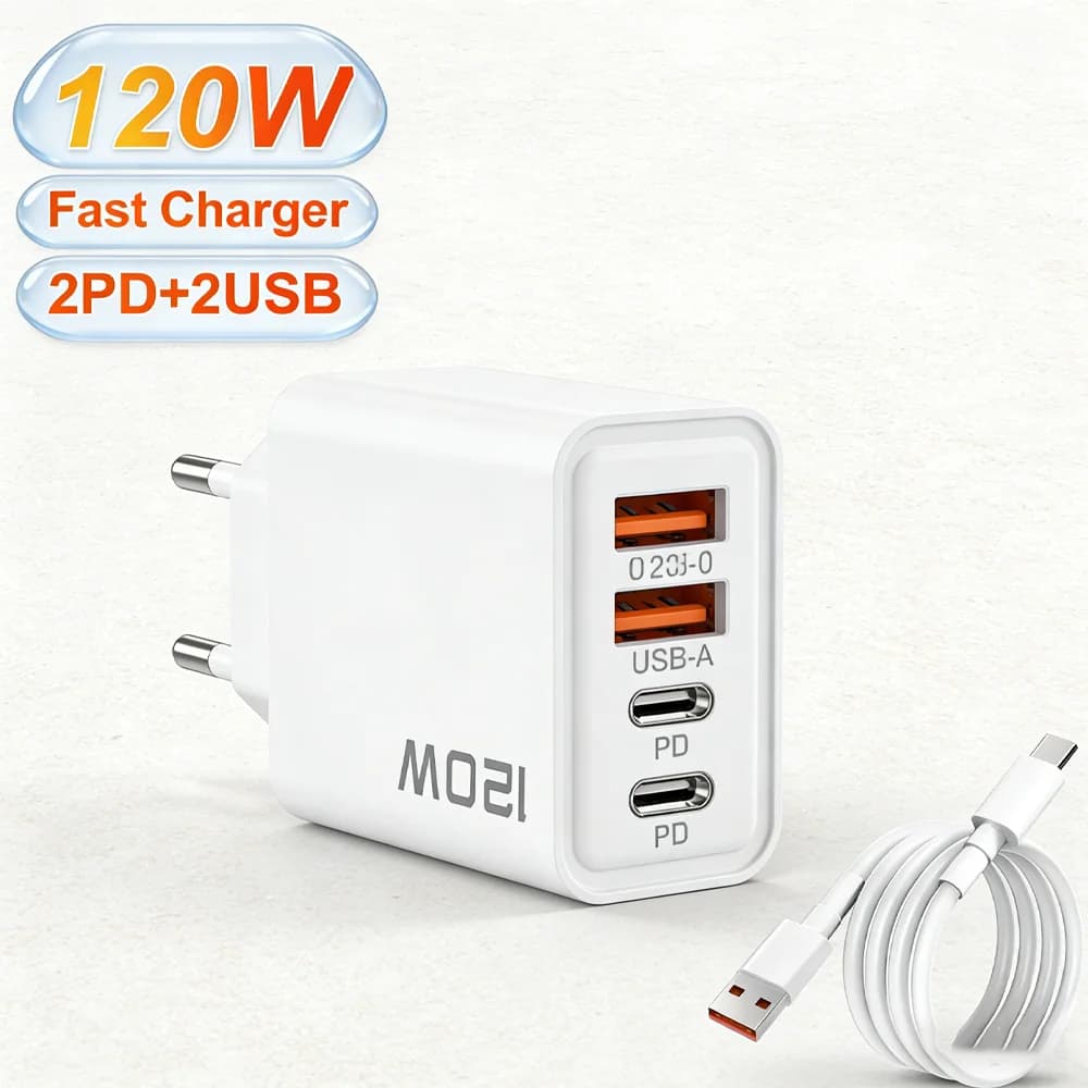 Adattatore da Muro USB C a 4 Porte con Ricarica Rapida PD da 120W per iPhone, Xiaomi 14, Huawei, Redmi, OnePlus, Design Compatto e Sicuro