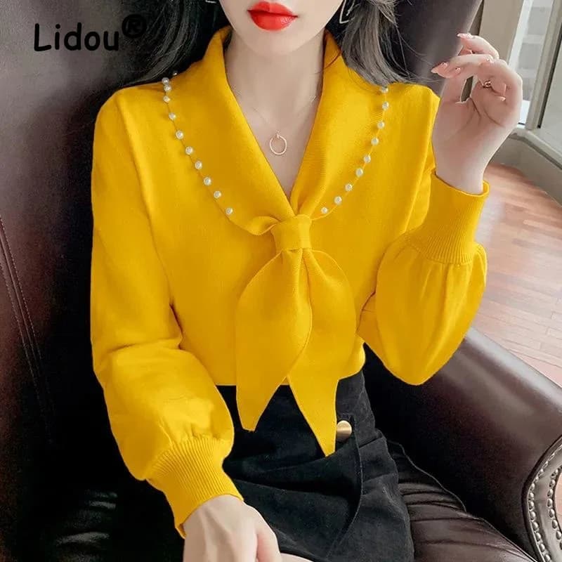 2025 Primavera Estate delle nuove donne coreane pullover con fiocco camicetta solida manica lunga da donna con scollo a V camicia professionale da donna da ufficio
