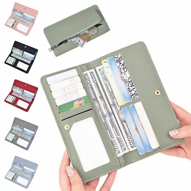 Portafoglio Ultra-Sottile con Blocco RFID per Donne, Porta Carte di Credito Multifunzionale con Cerniera e Fibbia, Portafoglio Lungo alla Moda