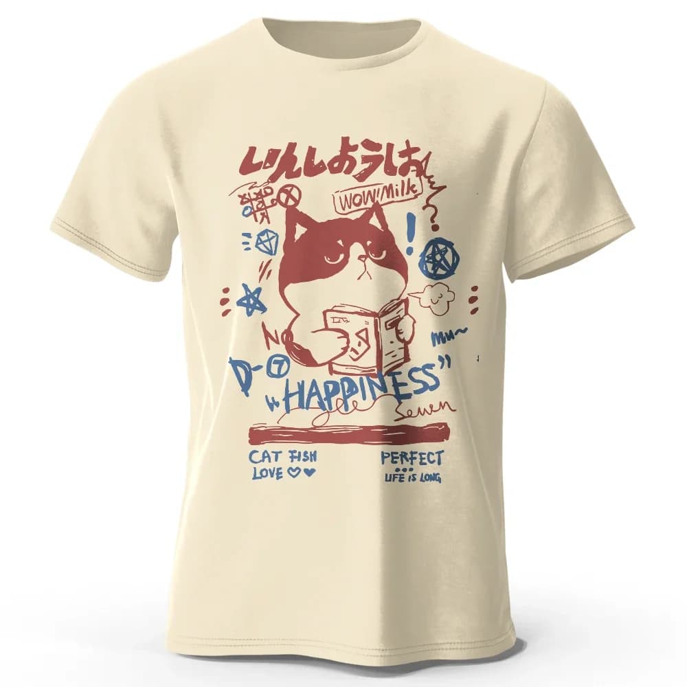 T-shirt in cotone 100% stampata Kawaii Cat Doodle Harajuku, maglietta a maniche corte girocollo morbida e traspirante unisex stile carino e artistico