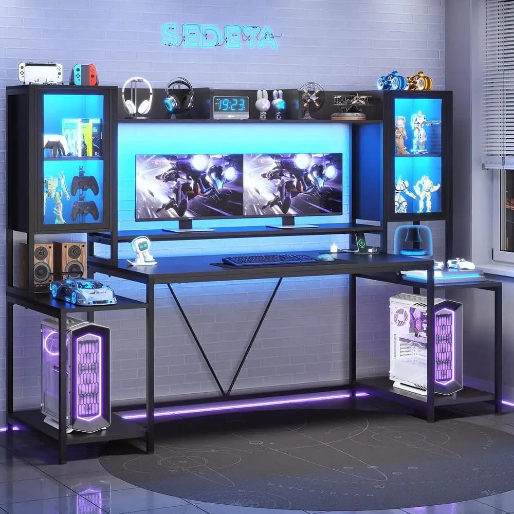 Gaming Desk 75'' with LED Lights, Hutch and StoraShees, lack | Computer Desk with Monitor Stand, LarPC Gamer Workstation, Ergono