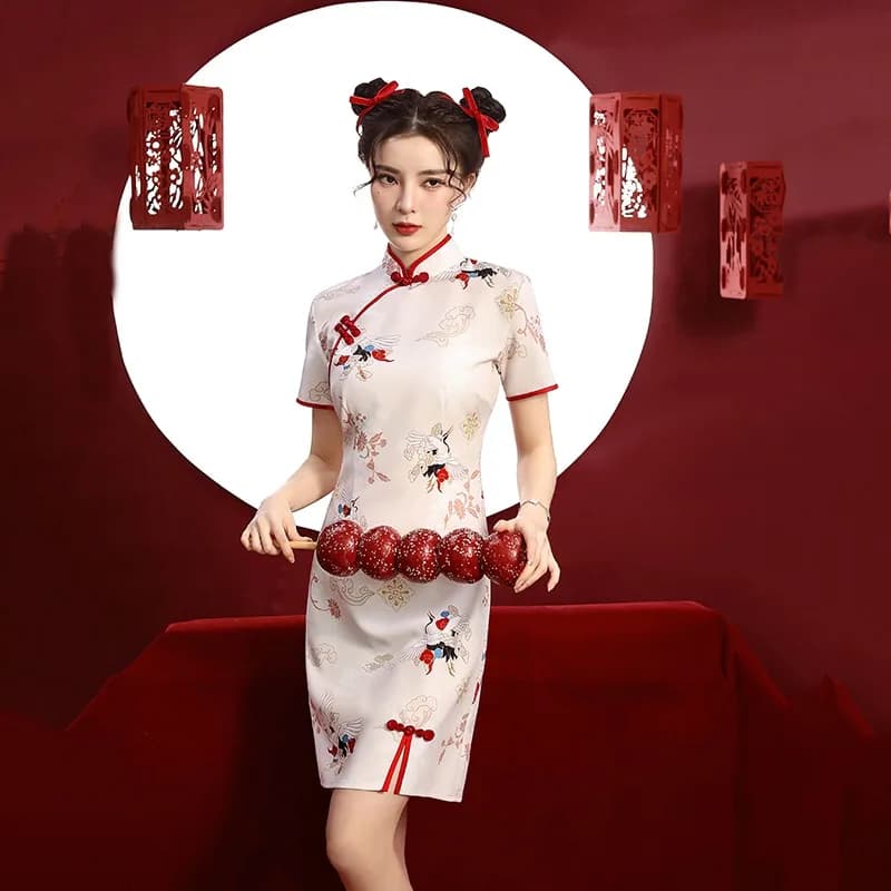 Young Girl's Retro Dress Street Style Summer Design Small Size Modified Qipao Short Sleeve Animal Pattern