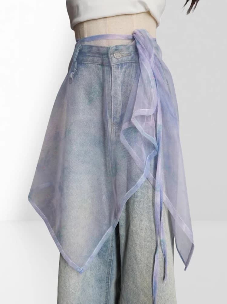 2026 New Uneven One-Piece Belted Skirt Curtain Women's Layered Mesh Half Skirt Cover up Korean Style Straight Tube Silk Top