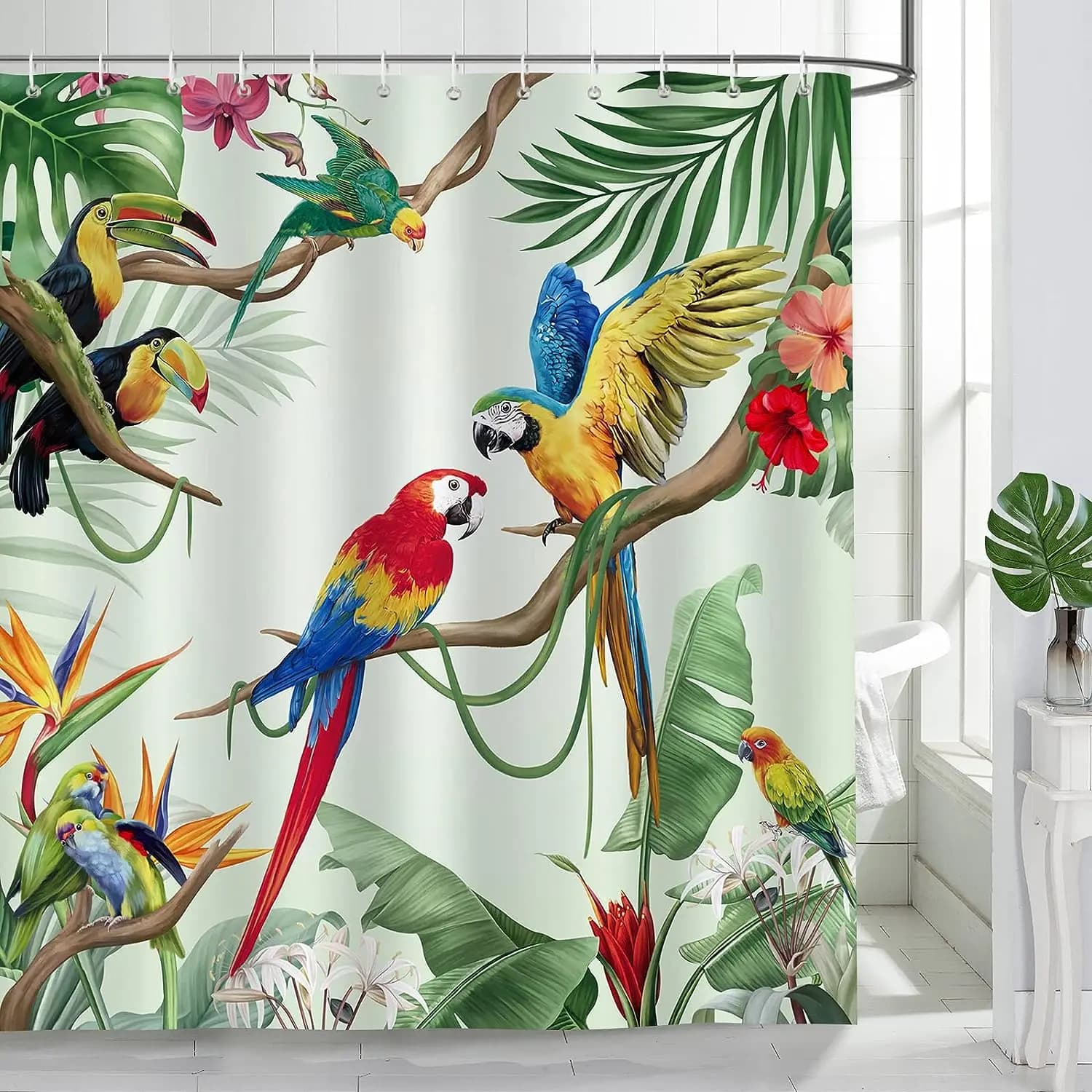 Tende da doccia floreali con uccelli tropicali, pappagallo, tucano, foglie verdi, piante, fiori, natura, paesaggio della giungla, decorazioni per il bagno con ganci