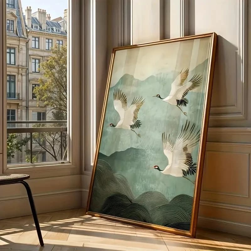 1pcs White Crane Flying Mountain Canvas Poster Abstract Retro Japanese Wall Printing Modern Living Room Bedroom Home Decor Gift