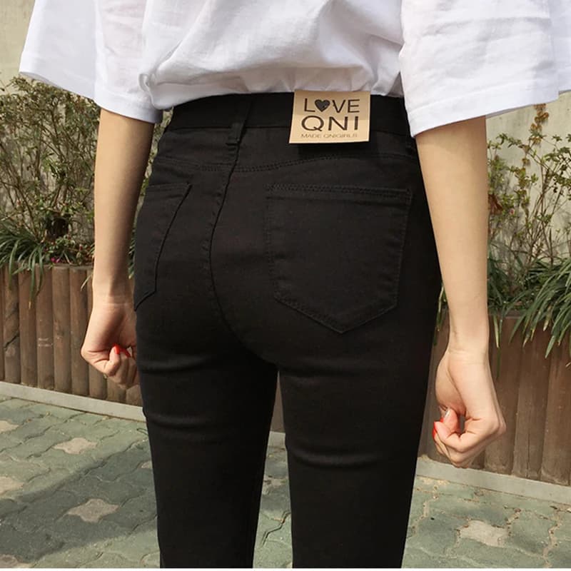 Jeans in Denim Nero Puro a Vita Alta da Donna, Modello Slim Fit a Otto Punti, Nuovo Stile Primaverile alla Moda in Tessuto Elasticizzato di Cotone