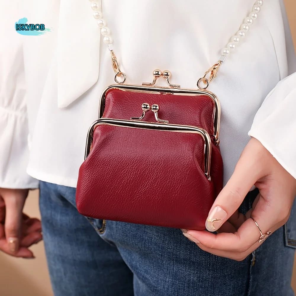 Elegante Borsa a Tracolla con Chiusura a Scatto, Mini Borsa a Tracolla con Fibbia Magnetica e Catena di Perle, in Pelle PU, 2 in 1 con Portamonete Staccabile, per Shopping
