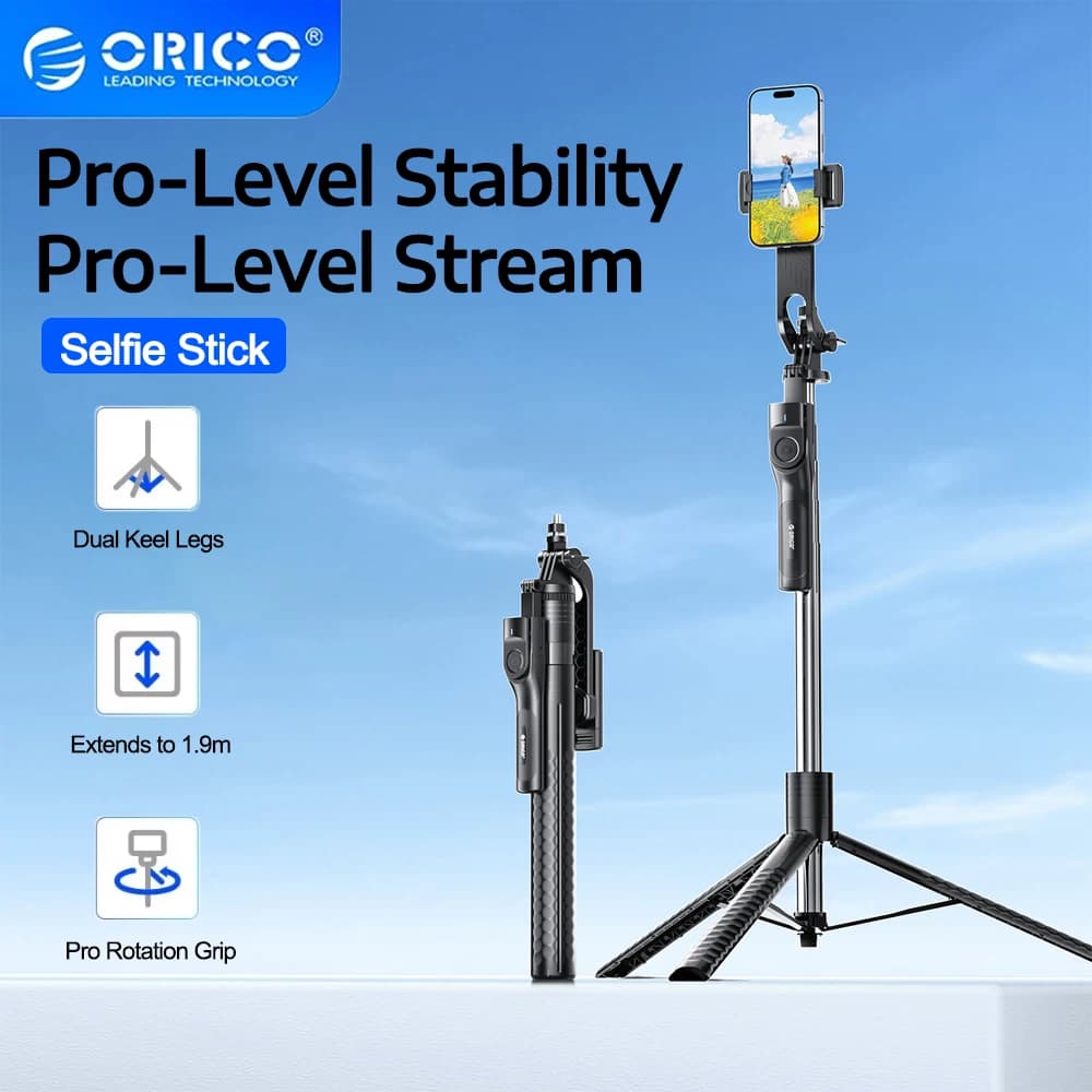 ORICO Asta Selfie Bluetooth con Stabilizzatore e Tracciamento Automatico, Treppiede da 1,9M, Rotazione a 360° ° Telecomando wireless rotante per smartphone iOS e Android