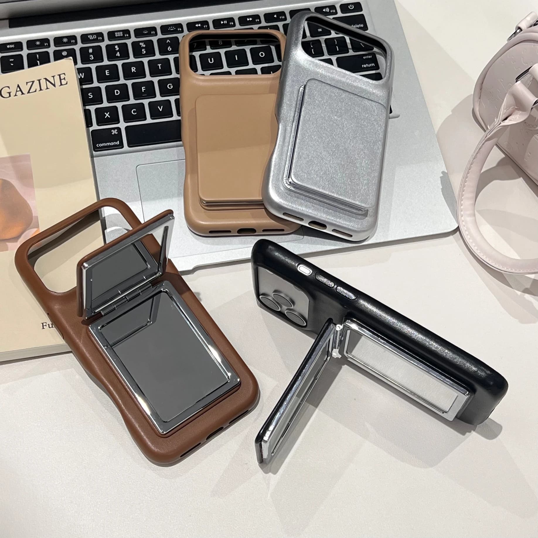 Fashion Retro Maillard Dark Color Leather Imitation Cover Case For iPhone 17 16 15 14 13 Pro Max with Flip-up Mirror Holder