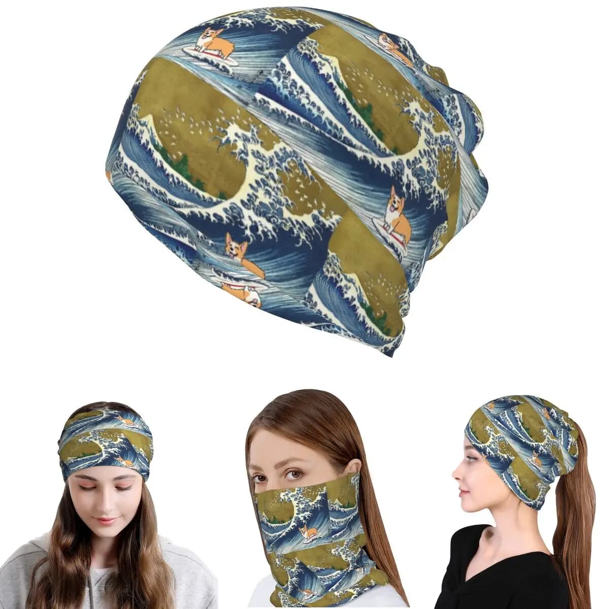 Corgi Dog Surfing The Great Wave Bandana Neck Cover Wrap Scarf Multifunction Headwear Beanies Hat Unisex Adult Winter