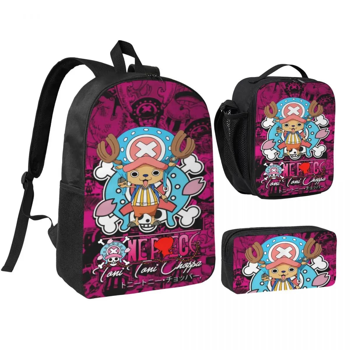 Luffys O-one-pieces Zaino per bambini, scatola per il pranzo, astucci per matite per ragazzi e ragazze, zaini prescolari, set di zaini scolastici leggeri