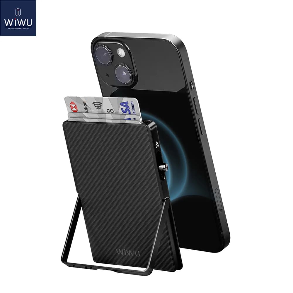 WiWU Aramid Fiber Metal Stand Card Holder for Women Men Max 4 Cards RFID Blocking Pop Up Wallet Card for iPhone 17 16 15 Holder