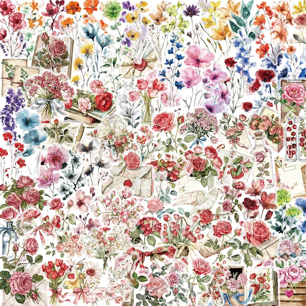 Confezione da 100 adesivi per fiori con inchiostro, impermeabile, trasparente, in PET, per libretto, materiale floreale, decorativo, per chitarra