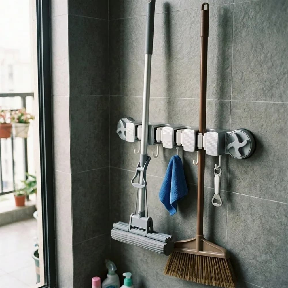 No-Drill Wall-Mounted Mop Hook With Suction Cup, Strong Mop Holder For Bathroom, Toilet, Balcony, Space-Saving Storage Solution