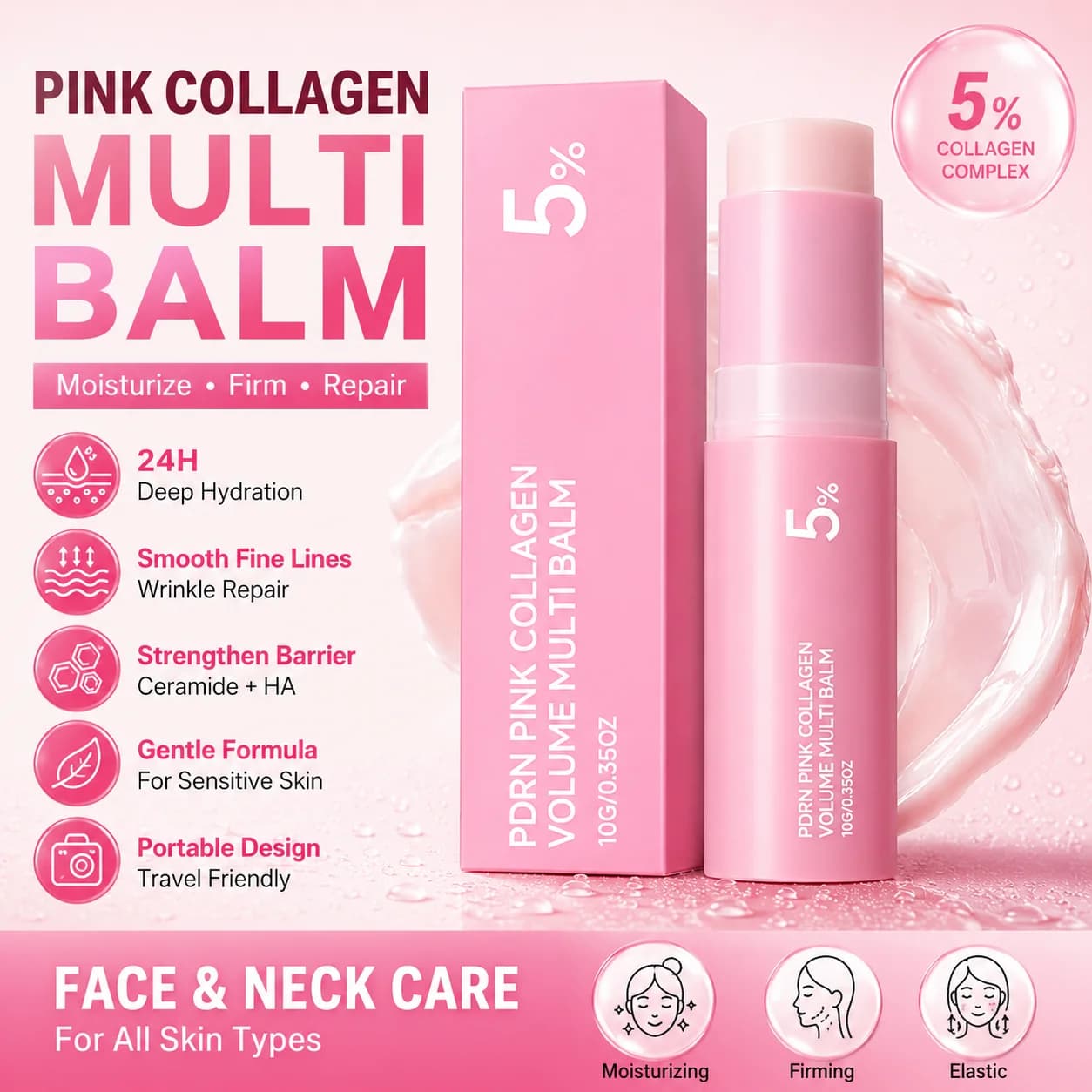 Stick Idratante al Collagene Rosa per Viso e Collo, Balsamo Idratante Antirughe con Ceramidi per Pelle Secca e Sensibile, Formato da Viaggio